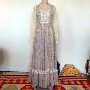 Vintage 70s GUNNE SAX Floral Lace Corset Cottagecore Maxi Dress